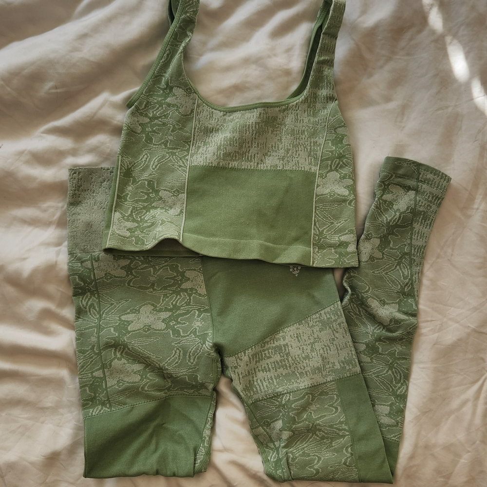 Free People Movement Green Patterned Patchwork Activewear Set